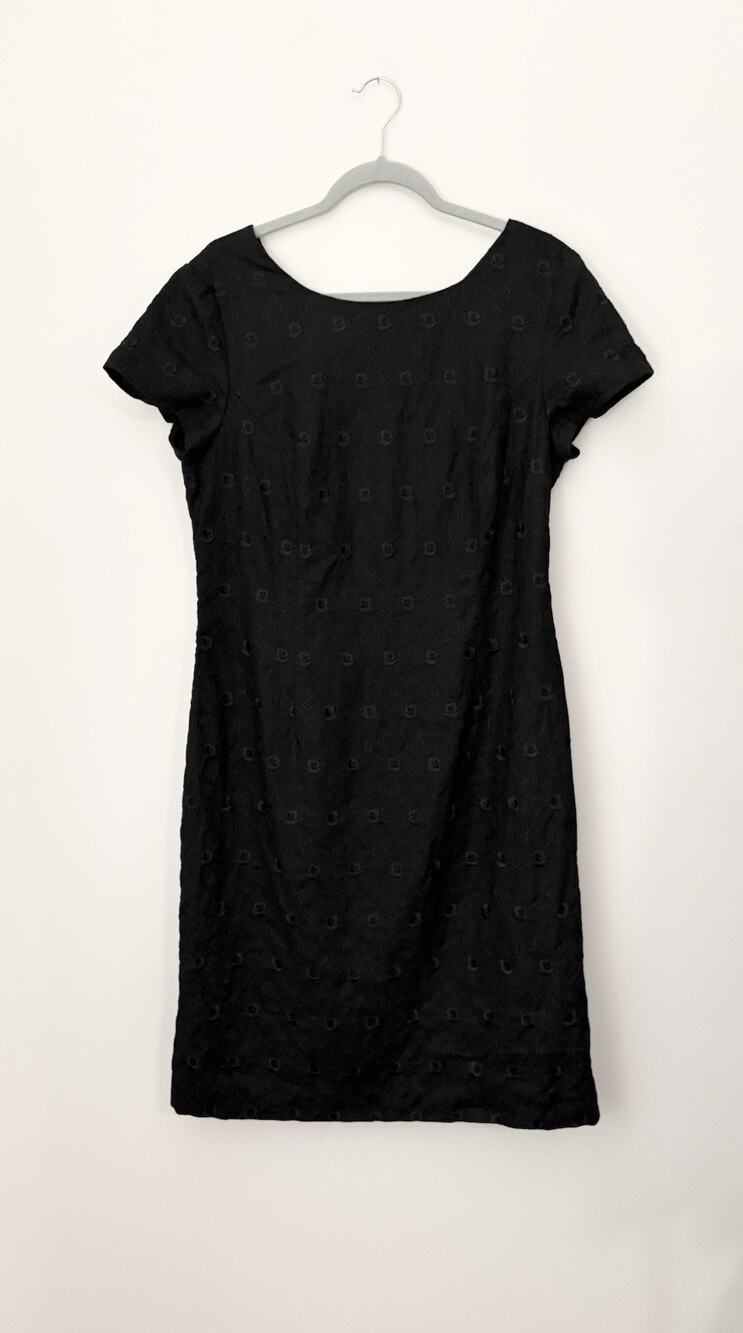 Talbots 100% Linen Black Dress Women’s Size 14 Cap Sleeve Knee Length Embroidery